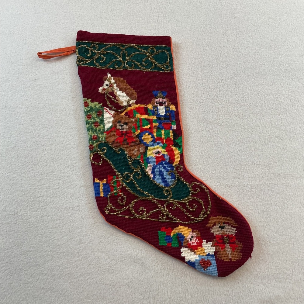 Handmade Beaded Needlepoint Christmas Stocking Burgundy Sleigh Nutcracker Bear